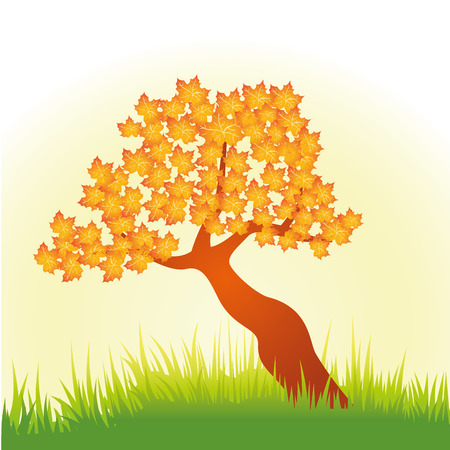 a colored tree and green grass in a white backgroundのイラスト素材