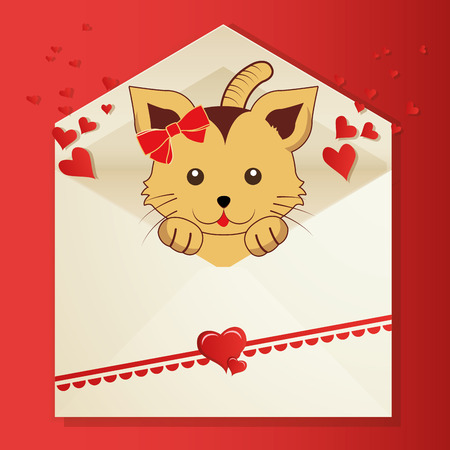 a white card with red hearts and a cat for valentine's dayのイラスト素材