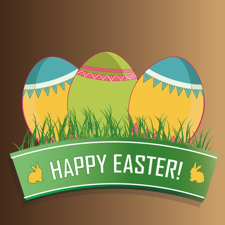 three colored eggs, grass and a ribbon with text for easterのイラスト素材