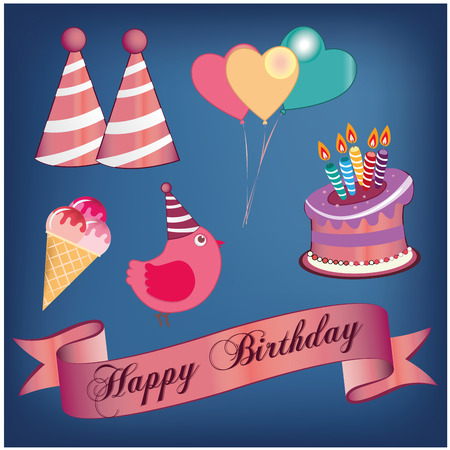 a lot of birthday related elements in a blue backgroundのイラスト素材