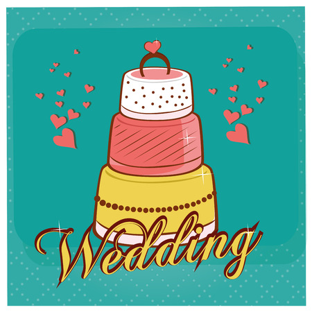 a delicious big wedding cake with some text and hearts for a wedding celebrationのイラスト素材