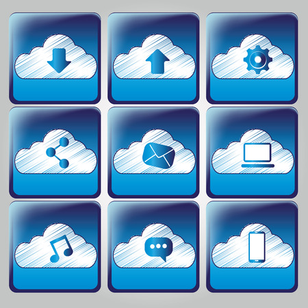 nine blue icons with white silhouettes for cloud computingのイラスト素材