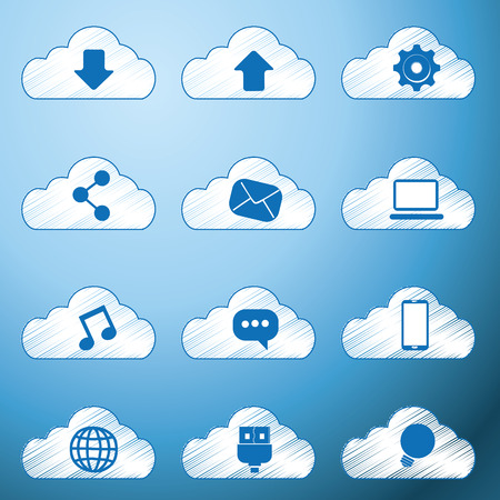 twelve cloud icons with different objects for web purposesのイラスト素材