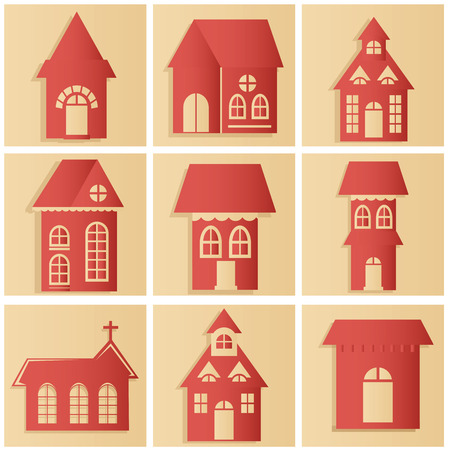 nine pink silhouettes of different buildings and churchesのイラスト素材