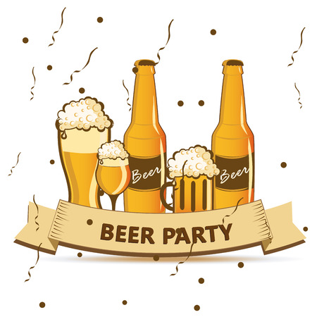 a lot of bottles and beer glasses with a ribbon with textのイラスト素材