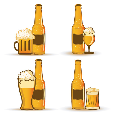 four bottles of beer with different beer glasses のイラスト素材