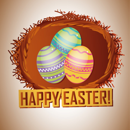 three colored and textured eggs within a basket for easterのイラスト素材