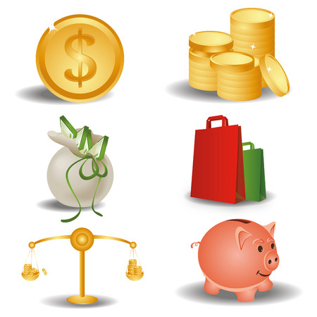 six colored elements related to money and credit itemsのイラスト素材