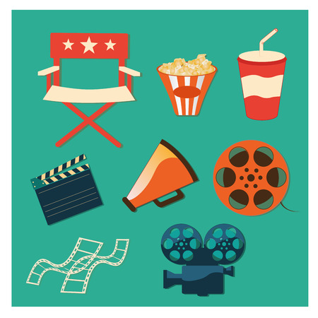 some colored objects related to cinema in a green backgroundのイラスト素材