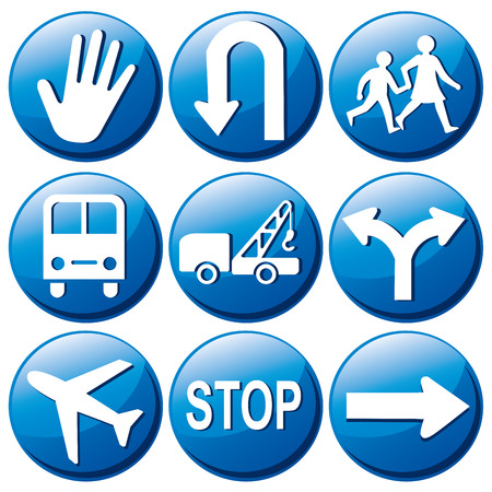 nine blue transit signals with white silhouettes of arrows and symbolsのイラスト素材