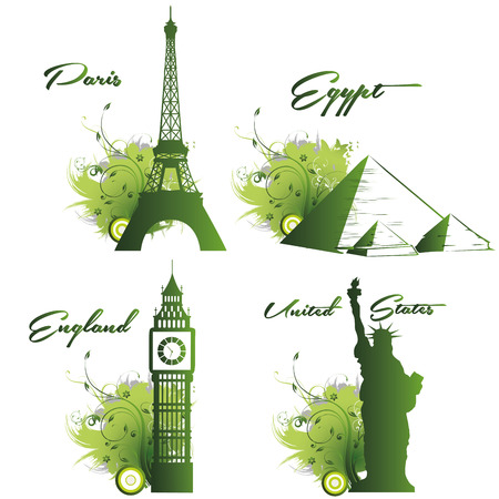 four green silhouettes of beautiful places around the worldのイラスト素材