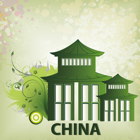 a green chinese silhouette of a building in a beautiful backgroundのイラスト素材