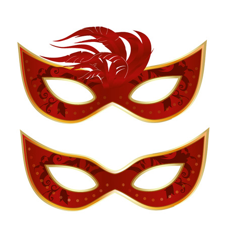 a pair of red carnival masks with some textures and feathersのイラスト素材