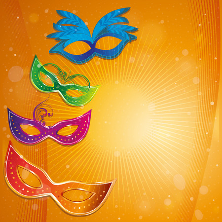 four colored carnival masks with some ornaments in an orange backgroundのイラスト素材