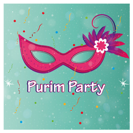 a pink carnival mask with some colored feathers in a blue background with textのイラスト素材
