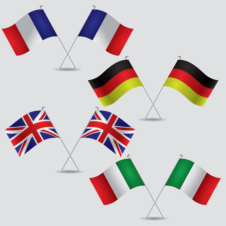 a lot of flags of france, germany, united kingdom and italy in grey backgroundのイラスト素材