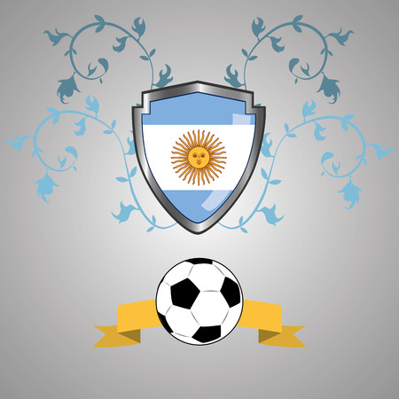 a heraldry shield with the flag of argentina, a ribbon and a soccer ballのイラスト素材