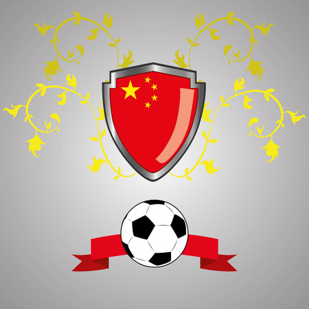 a heraldry shield with the chinese flag, a soccer ball and a ribbonのイラスト素材
