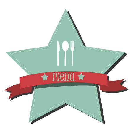 a star with a ribbon and some white silhouettes of utensilsのイラスト素材