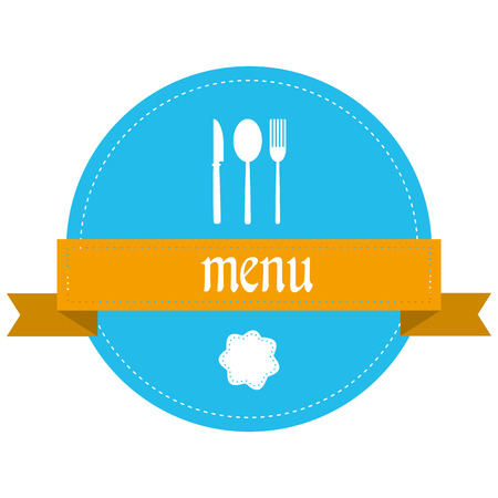 a blue icon with a ribbon and some white silhouettes of utensilsのイラスト素材