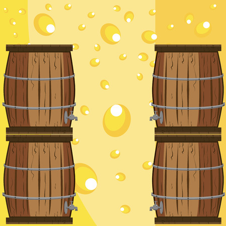 four wooden barrels in a yellow background with beerのイラスト素材
