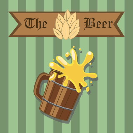 a wooden beer cup and a wooden sign in a striped backgroundのイラスト素材