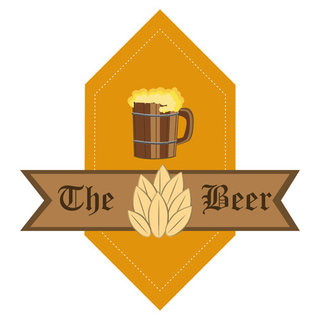 a yellow sign with a ribbon and a wooden cup of beerのイラスト素材
