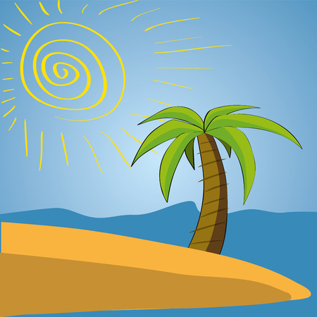 an isle with a palm tree and the sun in the skyのイラスト素材