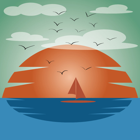 a sunrise with a boat and some birds in the skyのイラスト素材
