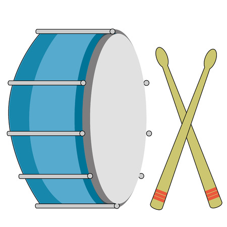 a blue drum with a pair of drumsticks in a white backgroundのイラスト素材