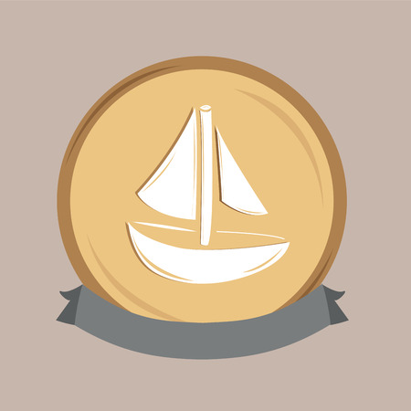a white silhouette of a boat in a round icon with a ribbonのイラスト素材