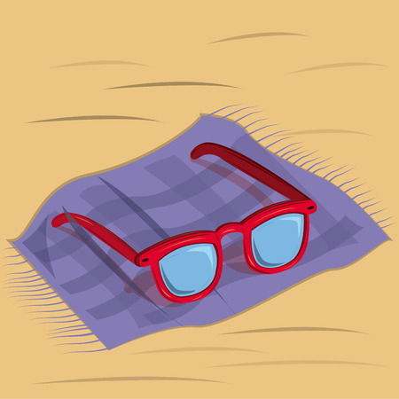 a red sunglasses in a purple towel on the beachのイラスト素材
