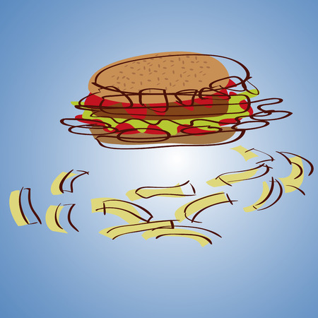 a burger and french fries in a blue backgroundのイラスト素材