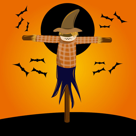 a scary scarecrow with some bats on the backgroundのイラスト素材