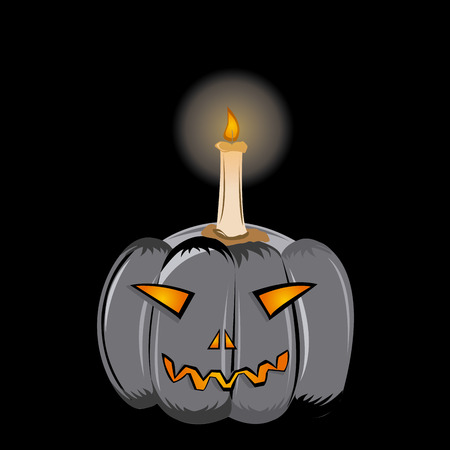 a scary pumpkin with a candle in a black backgroundのイラスト素材