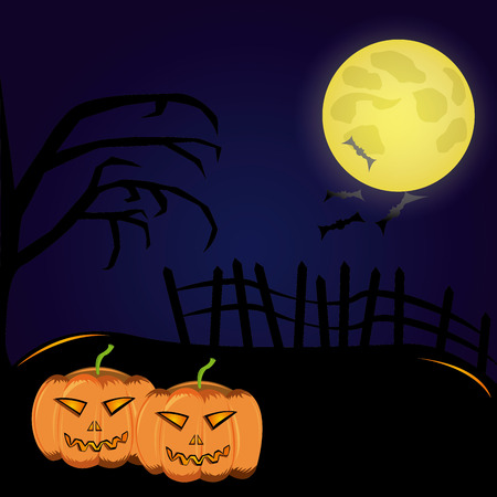 a haunted graveyard with a pair of pumpkins, a tree and some batsのイラスト素材