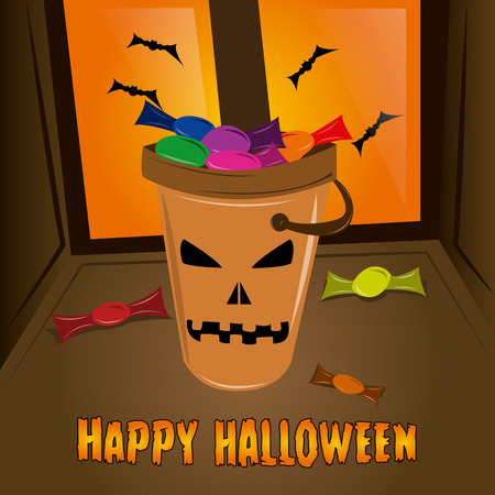 a pumpkin basket full of candies and some textのイラスト素材