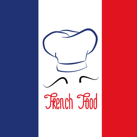 a chef hat, a mustache and text on a french flag for menu designのイラスト素材