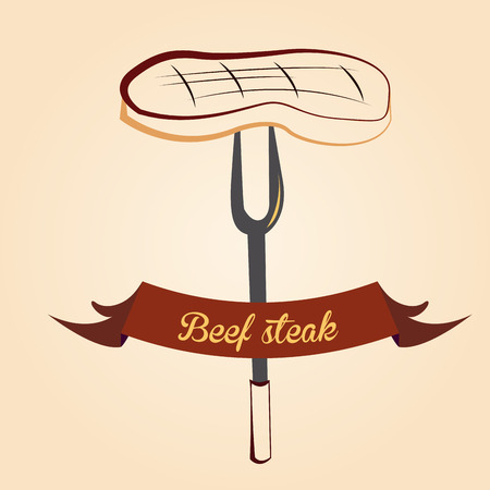 a grilled steak in a fork and a ribbon with textのイラスト素材