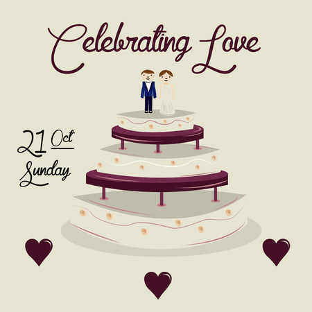 a big and delicious wedding cake with a pair of dolls and textのイラスト素材