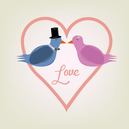 a happy bird couple on a pink heart with textのイラスト素材