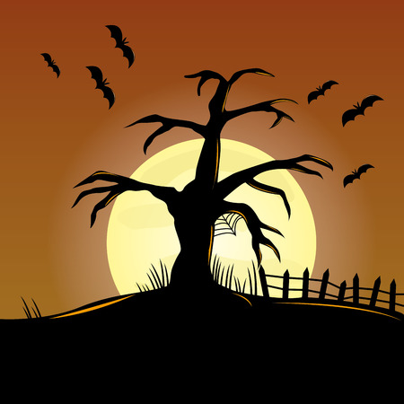 an orange halloween background with a tree, bats and the moonのイラスト素材