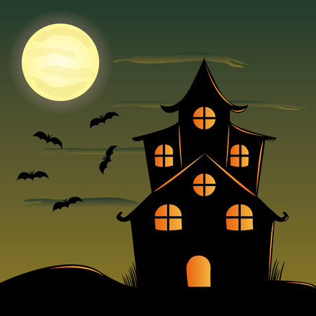 a green halloween background with a haunted house and batsのイラスト素材