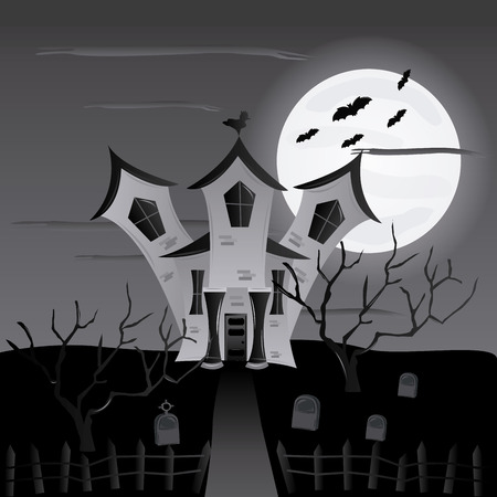 a monochrome halloween background with a haunted castle and a graveyardのイラスト素材