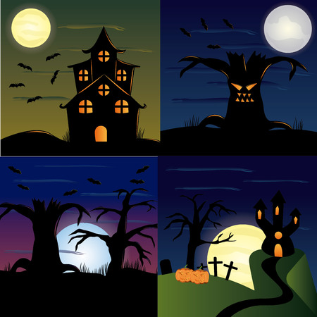 four colored halloween backgrounds with halloween related elementsのイラスト素材