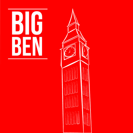an isolated white sketch of the big ben on a red backgroundのイラスト素材