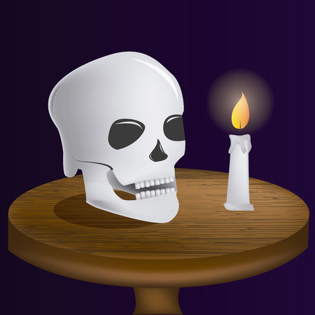 an isolated wooden table with a skull and a candle with fireのイラスト素材