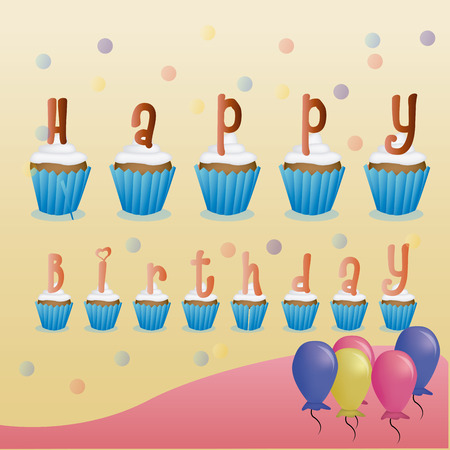 a colored background with balloons, cupcakes and text for a birthday partyのイラスト素材