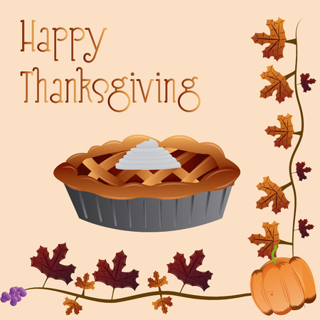 an isolated pie on a colored background with text, leaves and a pumpkin for thanksgivingのイラスト素材