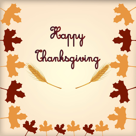 a colored background with text, leaves and a pair of wheats for thanksgivingのイラスト素材